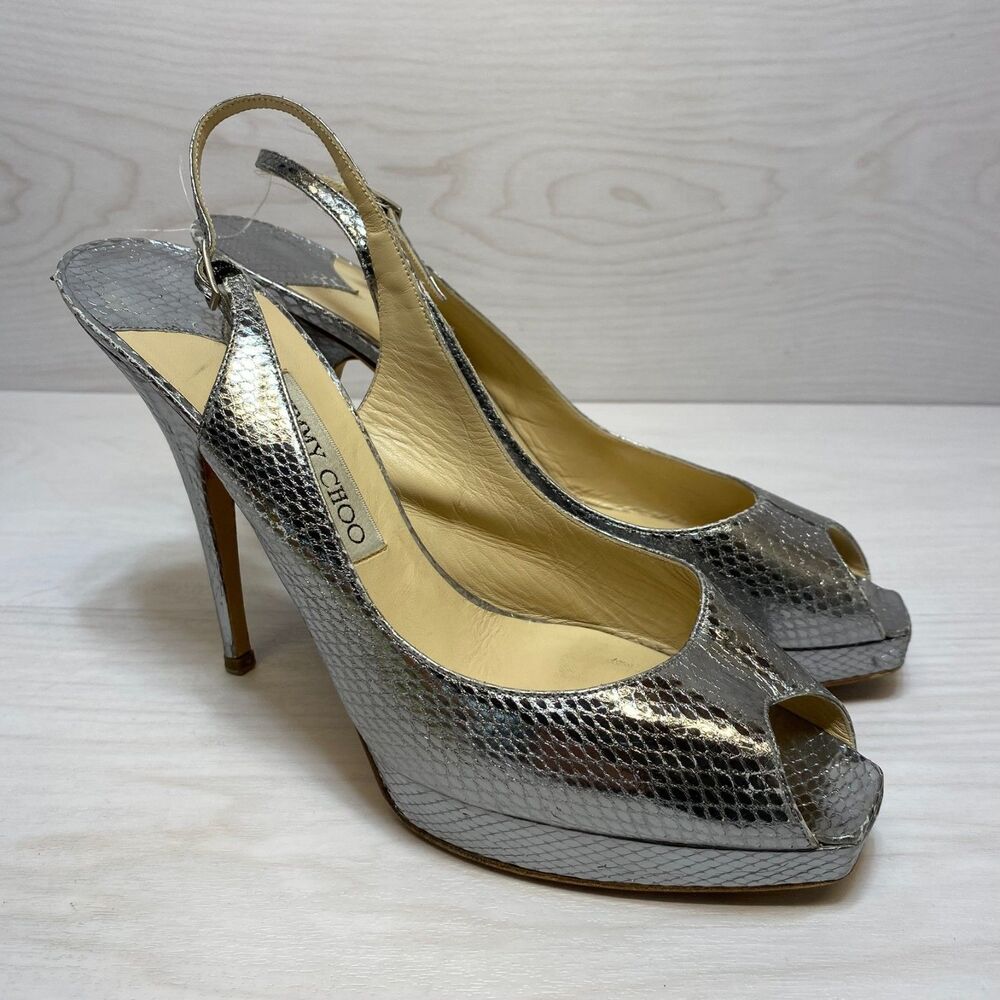 Jimmy Choo Heel Pumps Women's Size 12 Metallic Silver Watersnake Slingback Strap